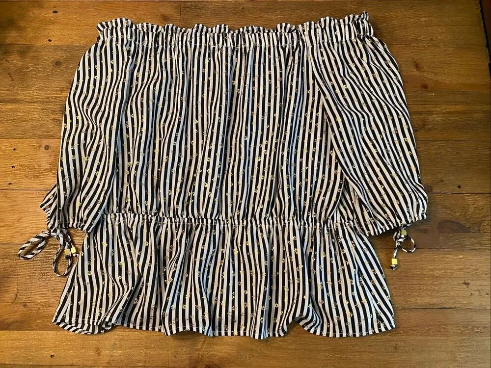 Michael Kors L off shoulder shirt top black white striped blouse gold floral